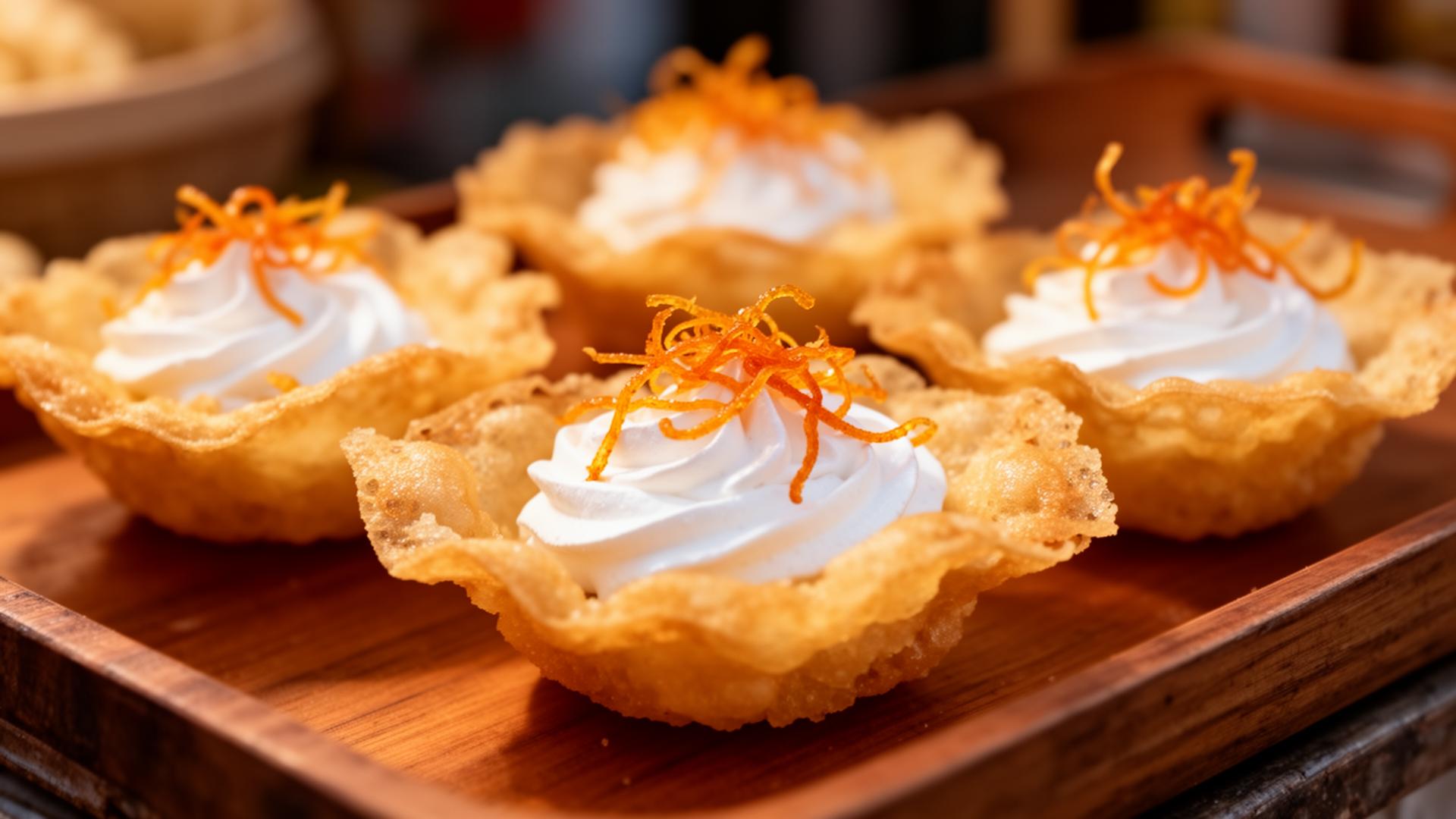 Thai crispy crepes with meringue and foi thong